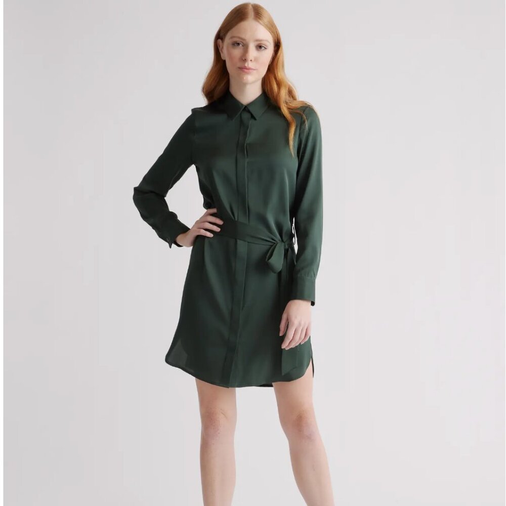 Washable Stretch Silk Belted Shirtdress from Quince in Olive Green